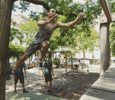 Dominik jumping from a tree to a wooden playground structure