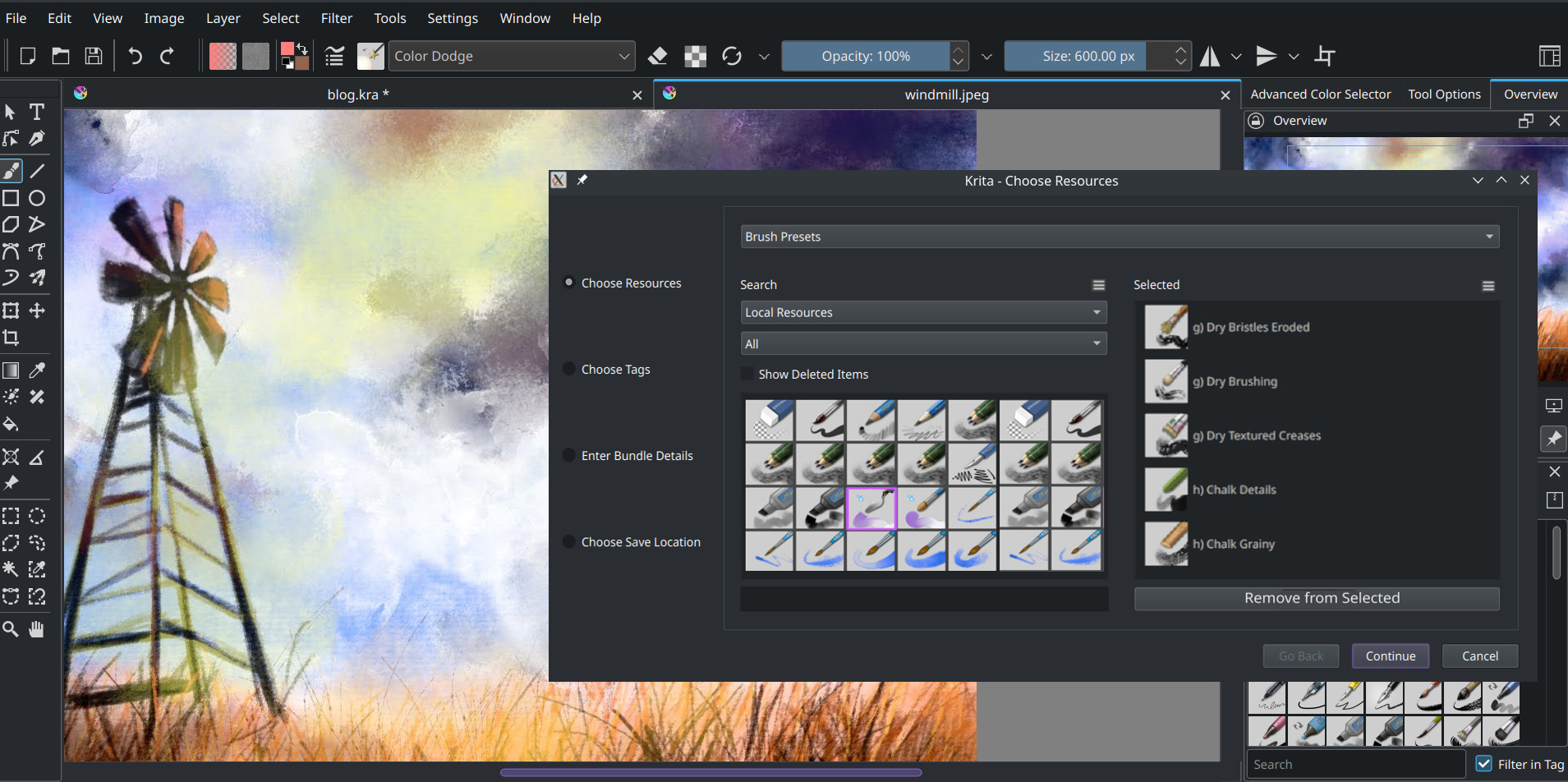 Screenshot of Krita application showing a menu with bundle creation