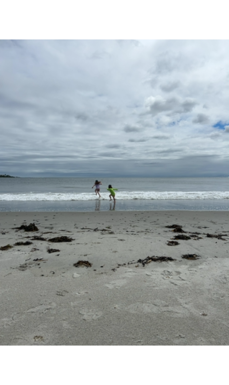 Two young children in swim things are next to each other in the surface. They’re jumping over a small, crashing wave. Above them an overcast sky stretches waaaaaay out to sea. There’s some sea weed out on the drying sand, because the tied is going out. 