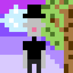 A pixel art portrait of a person with grey skin and a pink nose wearing a black shirt, dark grey pants, and a black hat. They’re set in front of a rather blocky tree, and a purple background.