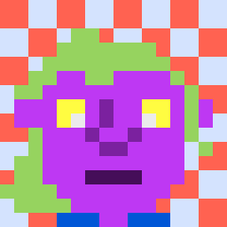 A pixel art portrait of a purple person with yellow eyes and shoulder-length green hair. They’re in a blue shirt, and in front of a red and light blue checked background.