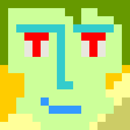 A pixel art portrait, this one of a green guy with green hair and red eyes. The face exudes smugness.