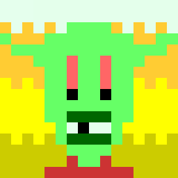 A pixel art portrait of a large-eyed, pointy-eared green fellow in a dark red shirt.