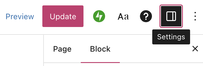 워드프레스 편집기 상단의 강조 표시된 설정 아이콘.