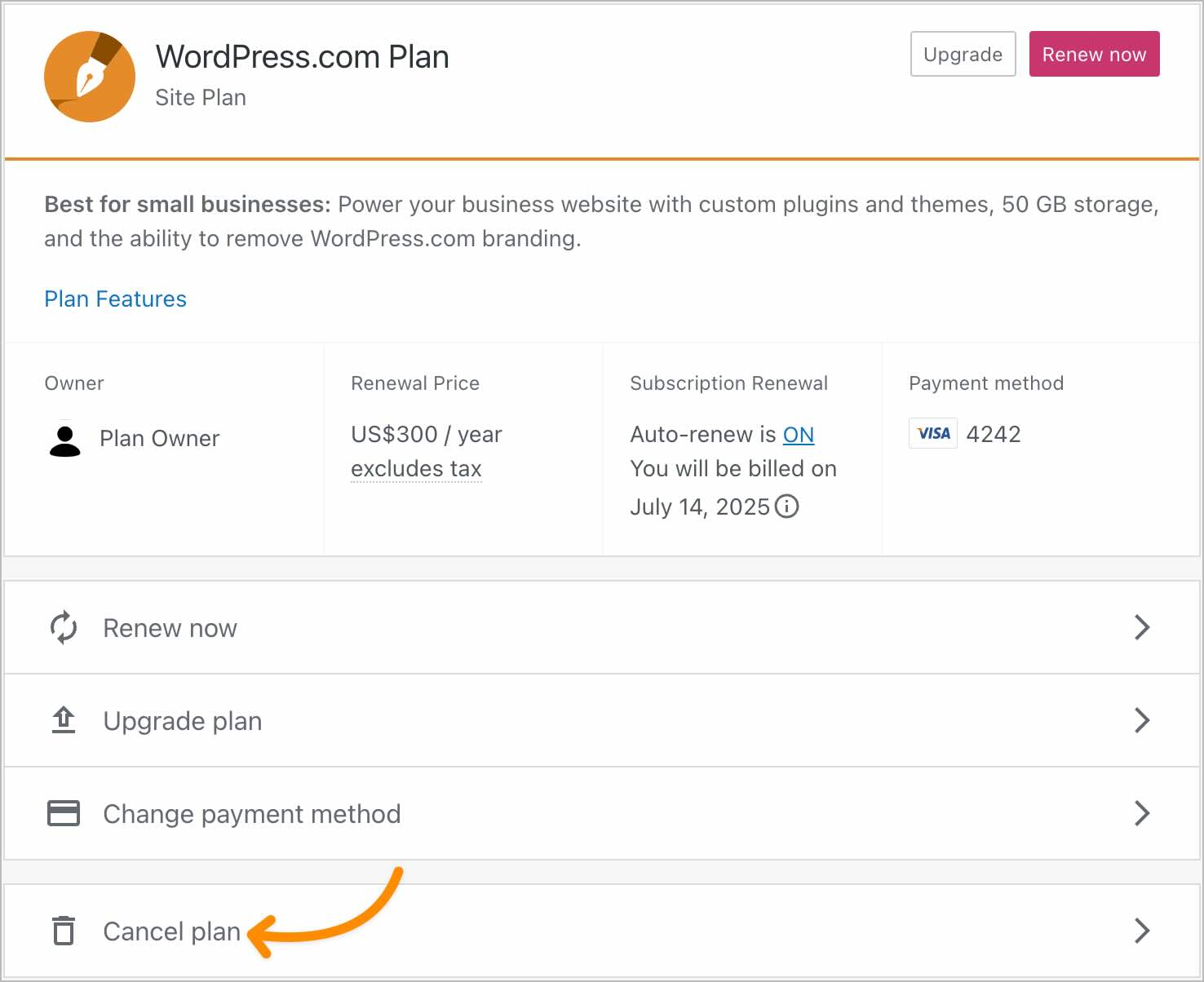 画面下部に「プランをキャンセル」オプションが表示されているプラン設定画面。