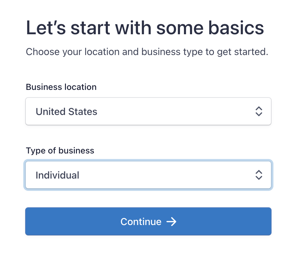 El primer paso del proceso de configuración para crear una cuenta de Stripe.