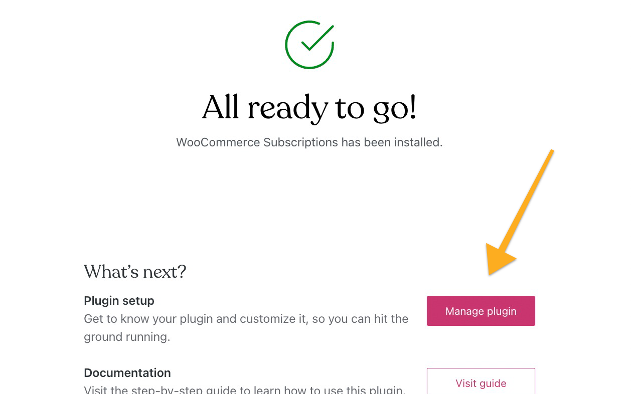 Schermafbeelding van bevestiging dat plugin is geïnstalleerd en geactiveerd en een pijl die naar de knop 'Beheer plugin' wijst.