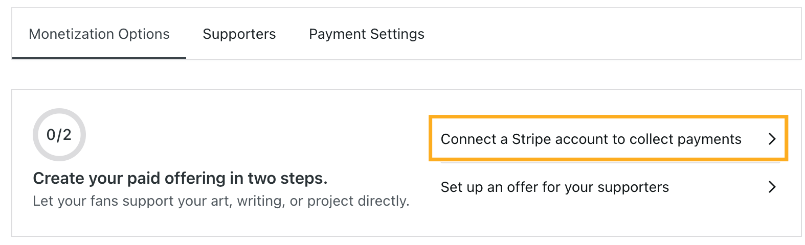 "Stripe 계정을 연결하여 결제 받기" 옵션이 수익 창출 옵션 화면에서 강조 표시됩니다.