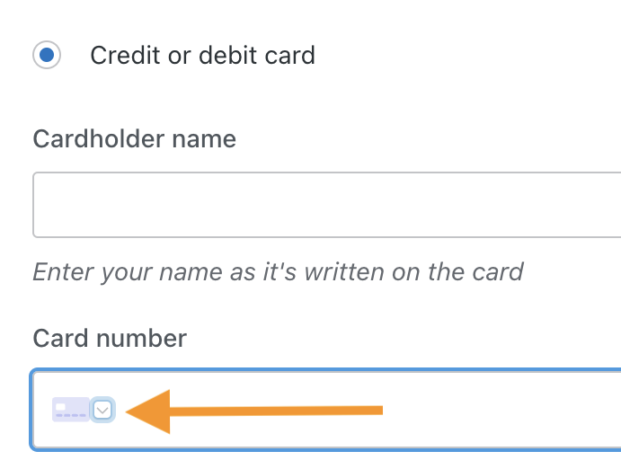 An arrow points to the arrow next to the card icon in the credit card form.