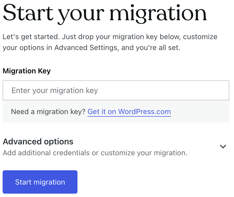 Il campo della chiave di migrazione sul sito di origine e il pulsante "Avvia la migrazione"