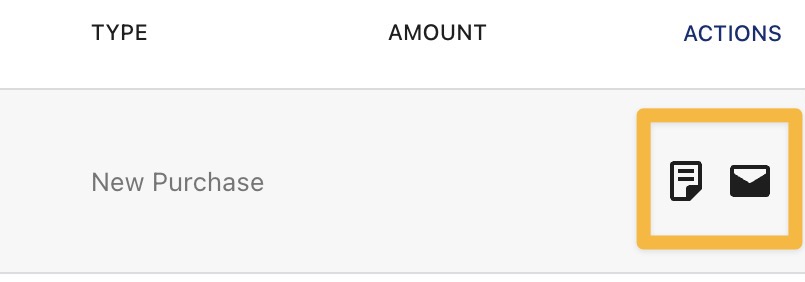 영수증을 보거나 이메일로 보내기 위한 "작업" 아이콘 주위에 그려진 상자.
