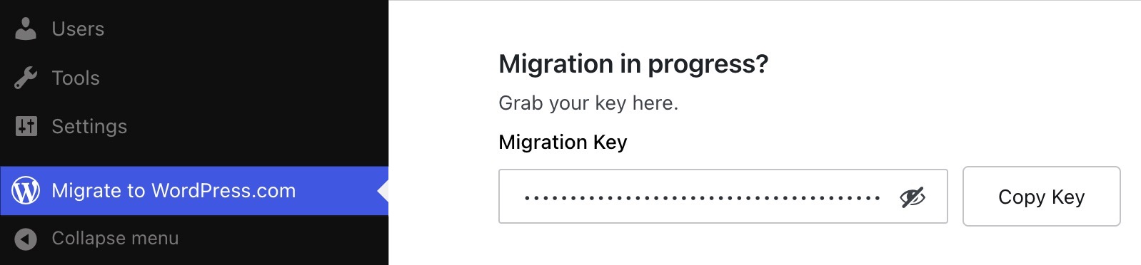 La sezione "Migrazione in corso" della pagina del plugin Migrate to WordPress.com sul sito di destinazione.