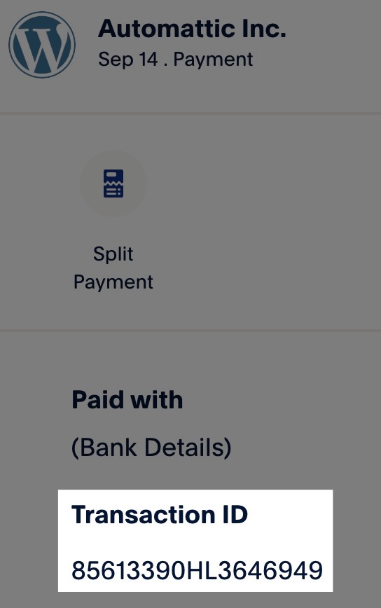 PayPal 영수증 상세 정보의 거래 ID 섹션입니다.