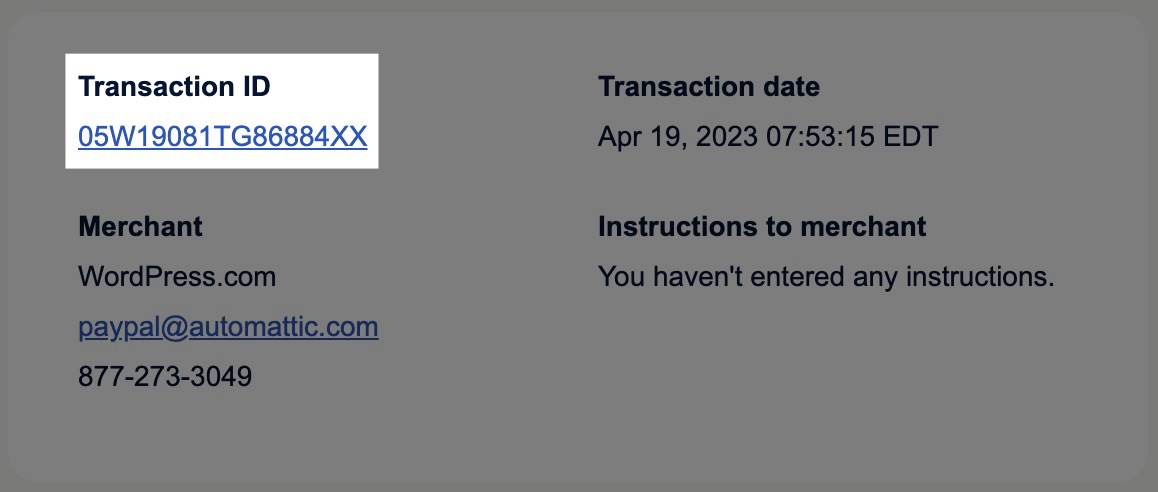 PayPal의 영수증에 강조 표시된 거래 ID입니다.