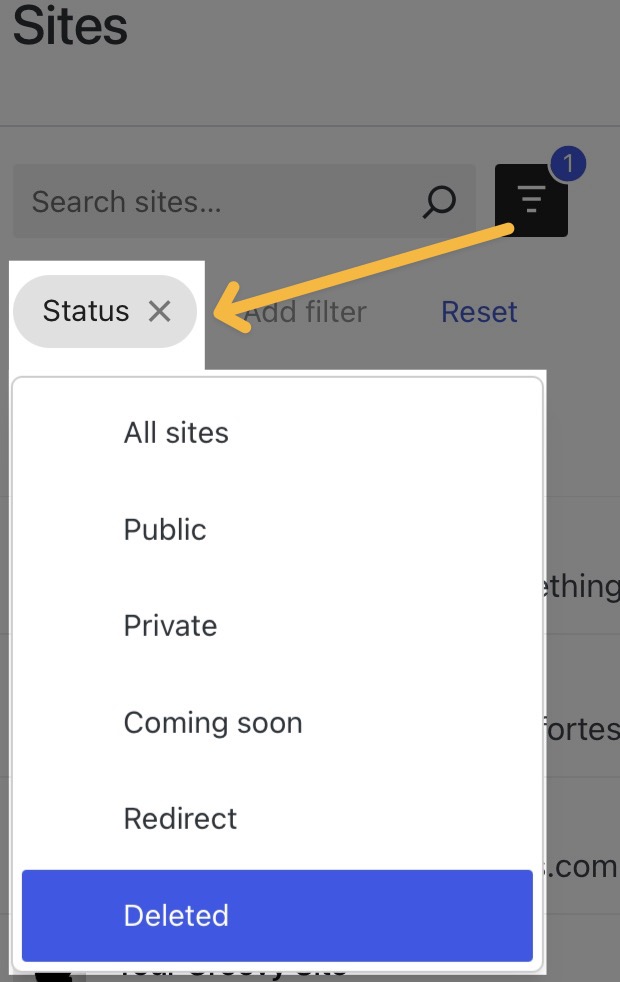 Фильтр «Статус», на который указывает стрелка от значка «Фильтры». В раскрывающемся списке выбран пункт «Удалённые сайты». 