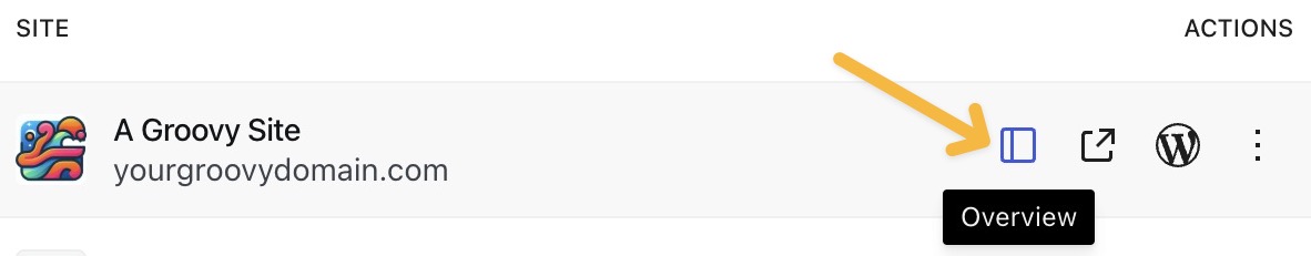 Значок «Обзор», который появляется при наведении курсора на сайт в списке «Сайты».
