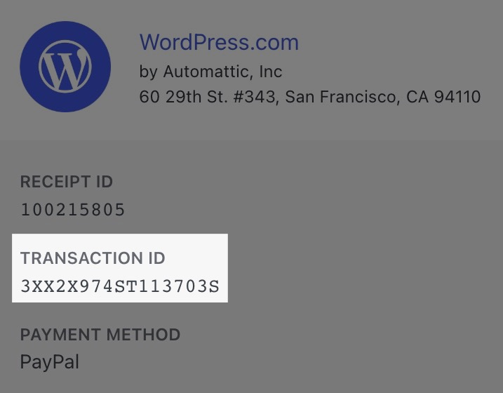 워드프레스닷컴 영수증의 거래 ID 필드가 강조 표시됩니다.