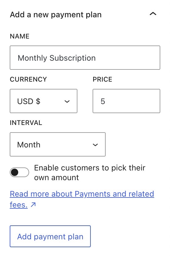 Blok ayarları kenar çubuğunun "Yeni ödeme planı ekle" bölümü.