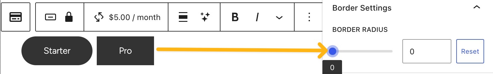 Un ejemplo de un radio de borde cero que hace que el botón sea cuadrado.