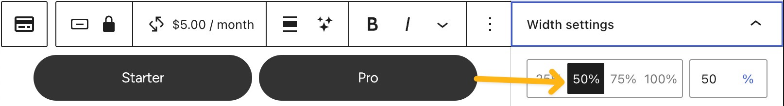 Dos botones uno al lado del otro, ambos configurados al 50 % para ocupar el ancho completo del área de contenido.