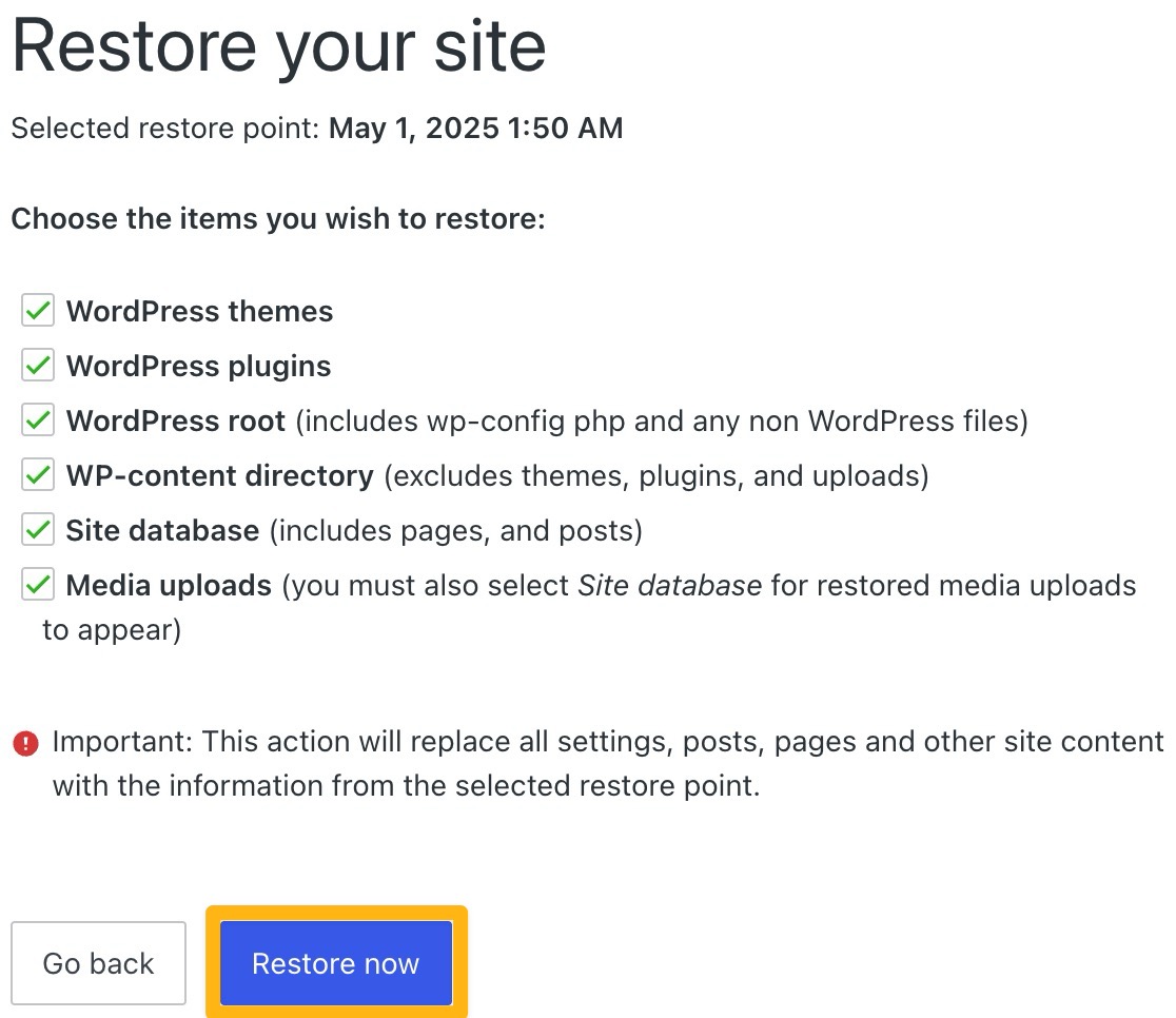 A box drawn around the "Restore now" button on the "Restore your site" page.