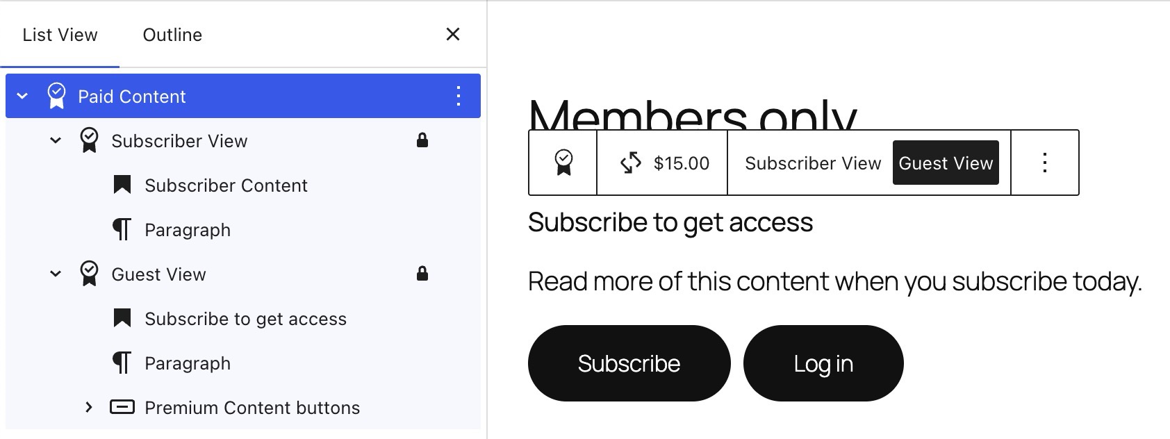 Abone ve Misafir içeriğinin altında iç içe blokları gösteren "Liste Görünümü" ve düzenleyicideki blok görünümü.