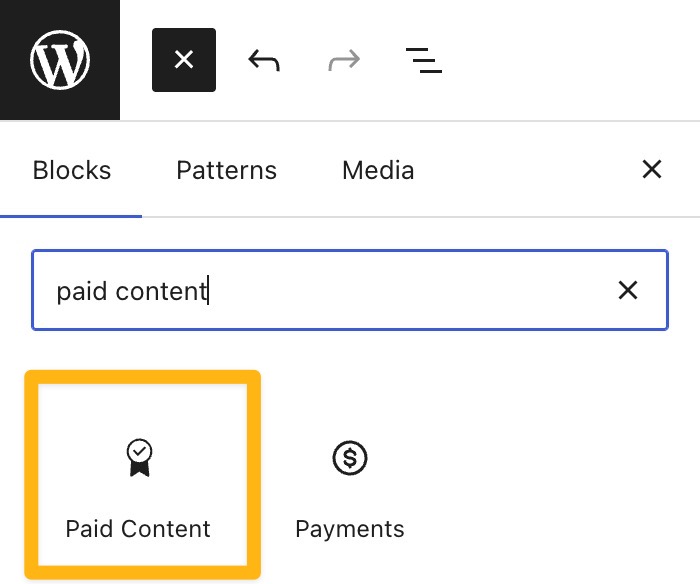 Blok yerleştirici, arama alanında "Ücretli içerik" ifadesi ve kutu içinde Ücretli içerik blokuyla açılır.