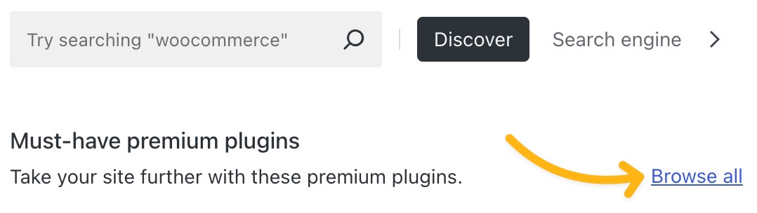 Een pijl die wijst naar de link met het label 'Alles bekijken' naast de koptekst 'Belangrijke premium plugins'.