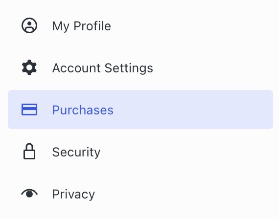 "구매" 항목이 강조 표시된 프로필 메뉴.