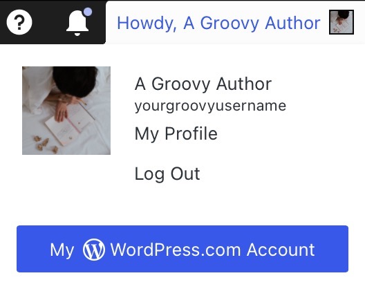 The drop-down menu that appears when you hover over your display name or profile icon in the WordPress.com toolbar.