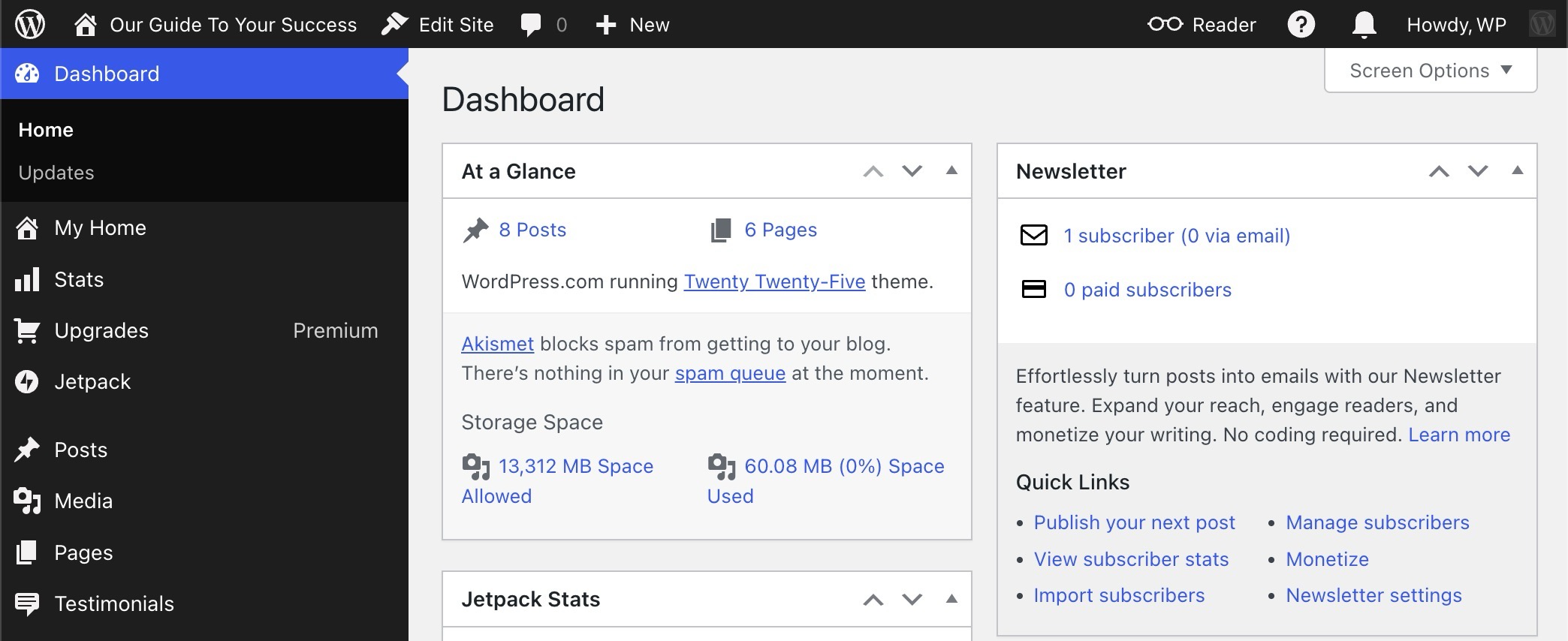 La página del escritorio de WP Admin con enlaces rápidos.