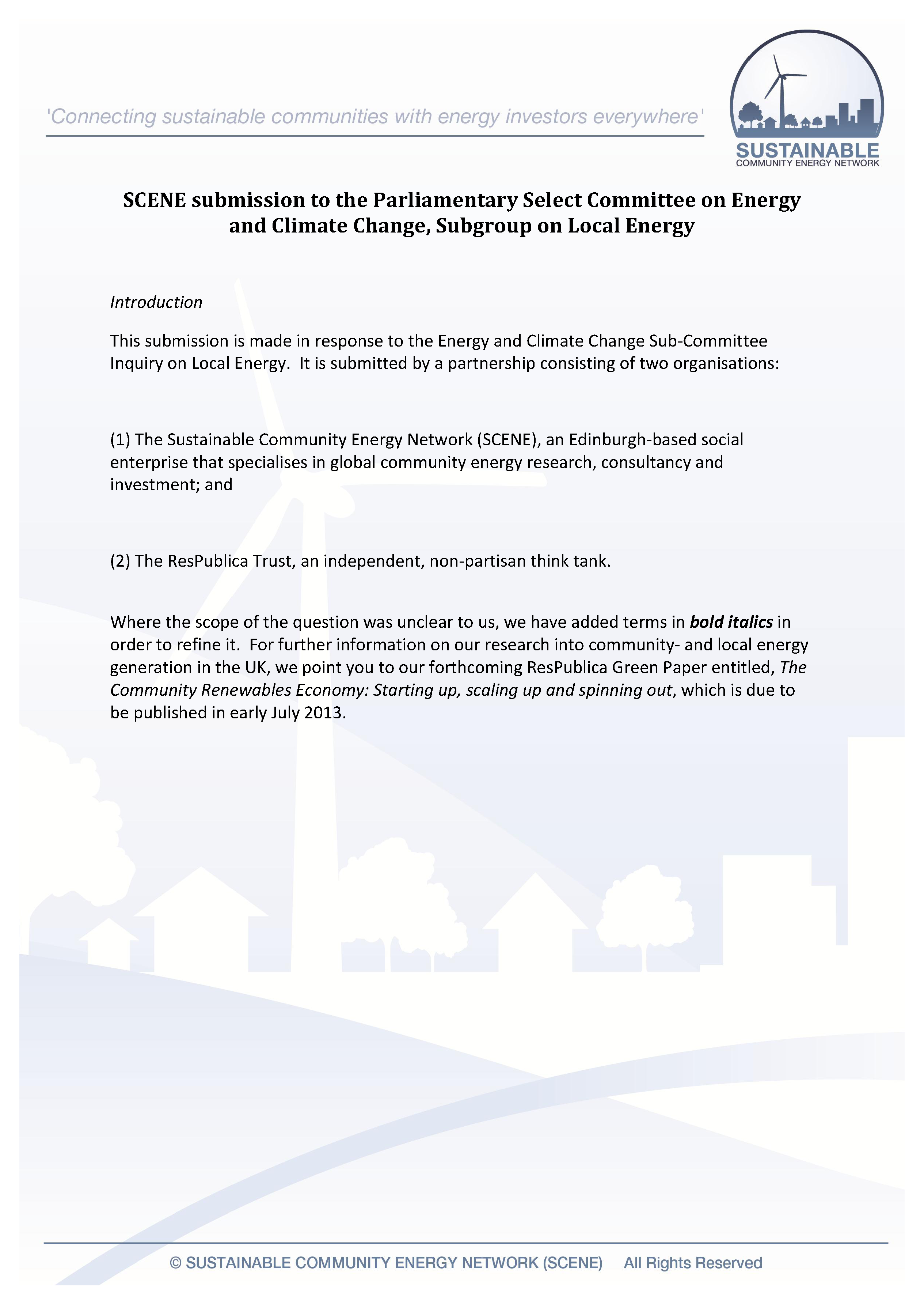 Submission to the Parliamentary Select Committee on Energy and Climate Change, Subgroup on Local Energy (May 2013)