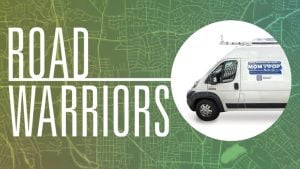 "Road Warriors" and image of a white van with the background of a street-level map. 