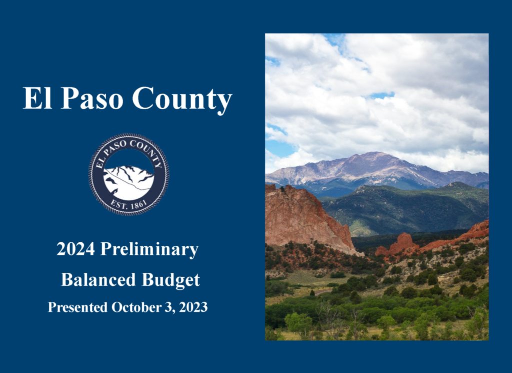 El Paso County 2024 Preliminary Budget Book Cover with an image of garden of the gods on it.