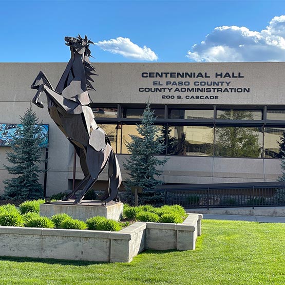 front facade and entrance to Centennial Hall, the El Paso County Administration building at 200 South Cascade Avenue