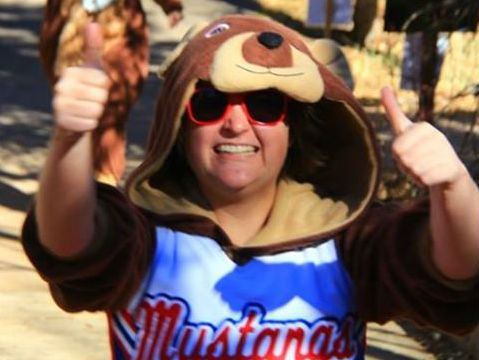 Cheerleader bear at the Bear Run giving thumbs up