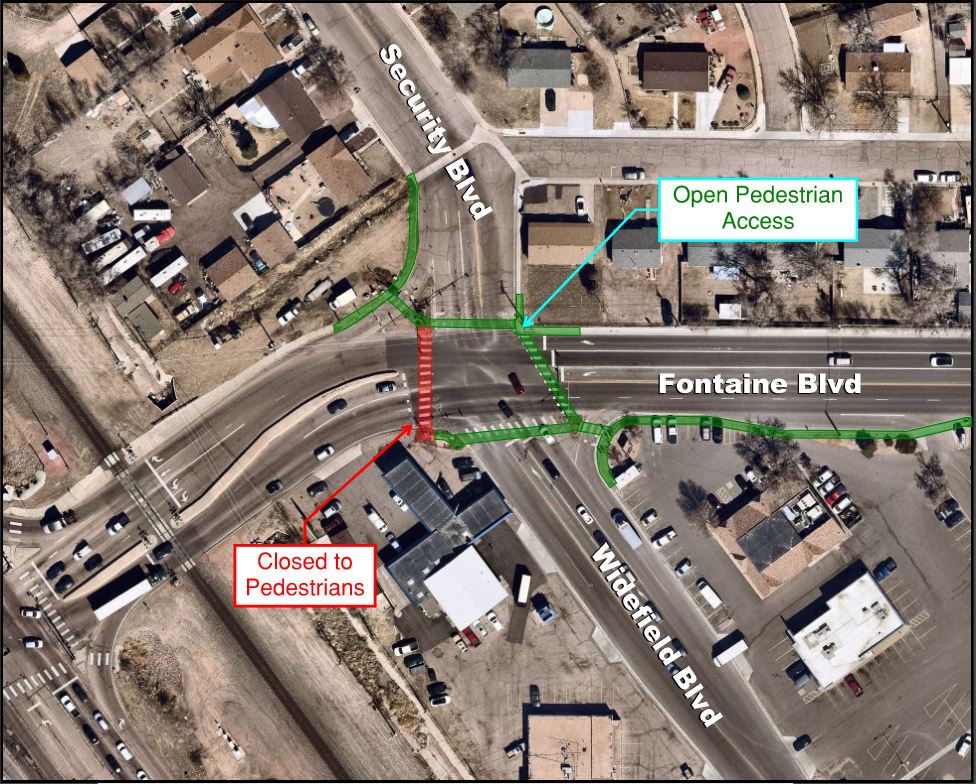 Closed pedestrian crosswalk on Fontaine Blvd