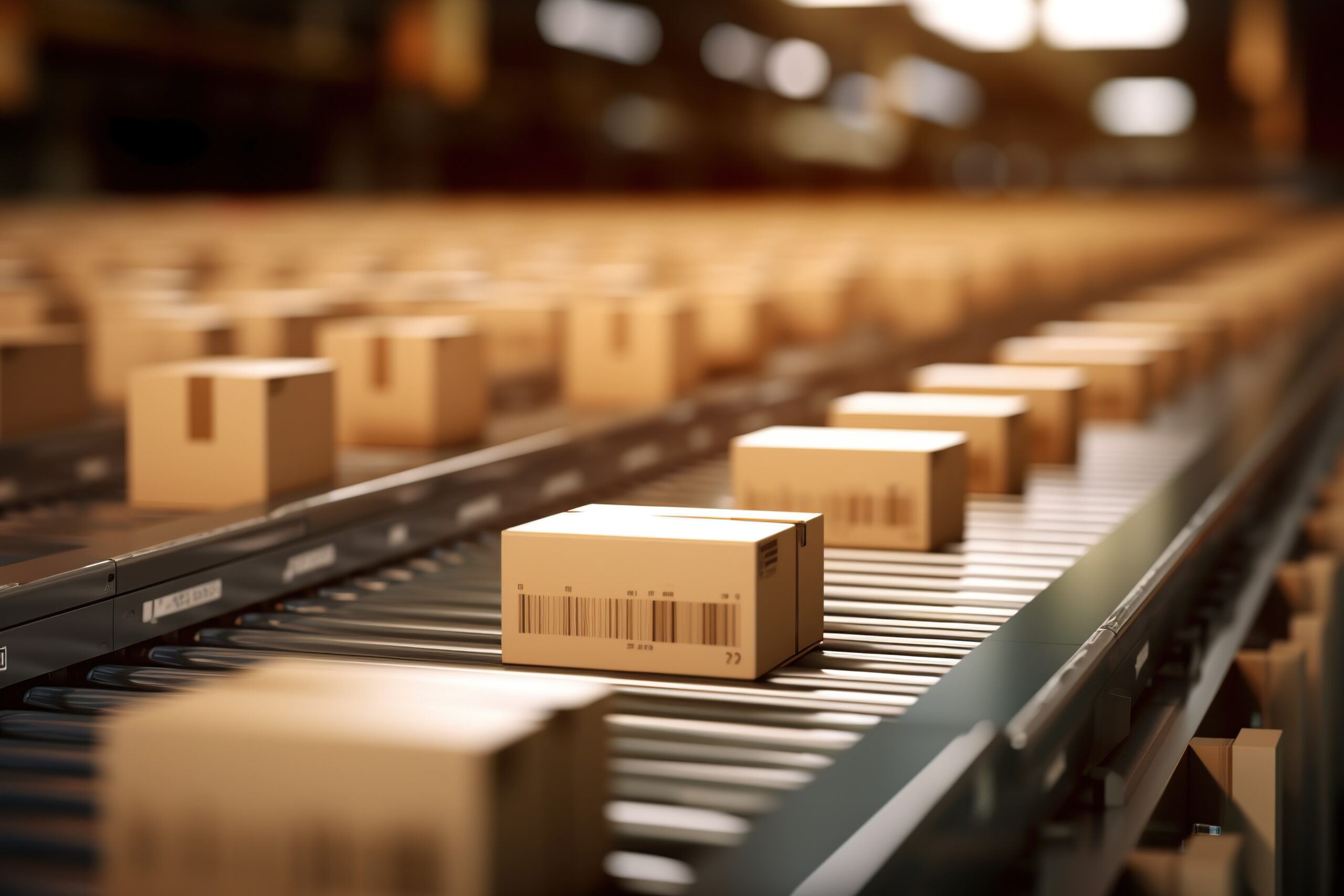 Closeup of multiple cardboard box packages seamlessly moving along conveyor belt