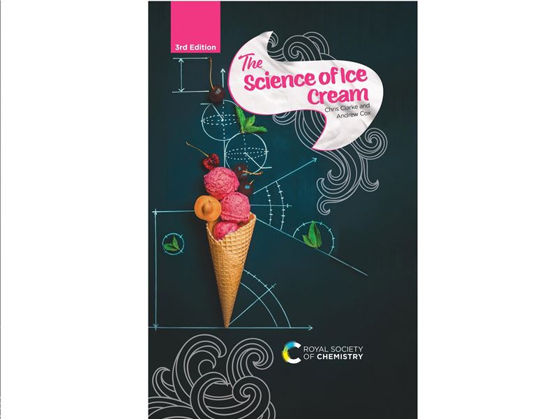 The front cover of 'The Science of Ice Cream' third edition, which features an ice cream cone with three scoops on top of it, set against the backdrop of a scientific-looking graphics