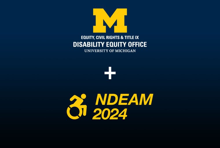 Block M logo for the Disability Equity Office, plus sign, wheelchair icon, and NDEAM 2024.