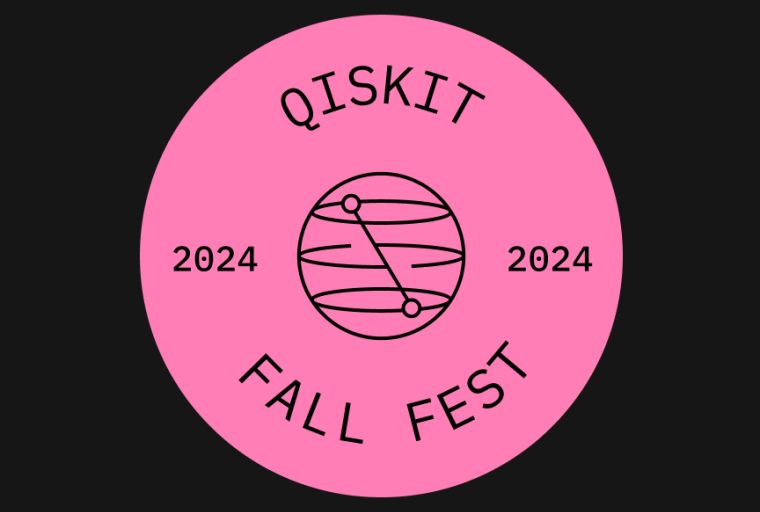 Pink circle on a black background with a bloch sphere in the center and the words Qiskit Fall Fest 2024