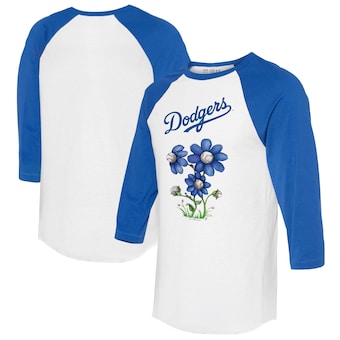 Women's Los Angeles Dodgers Tiny Turnip White/Royal Blooming Baseballs 3/4-Sleeve Raglan T-Shirt