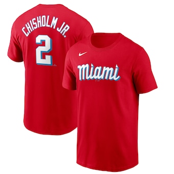 Men's Miami Marlins Jazz Chisholm Nike Red City Connect Name & Number T-Shirt