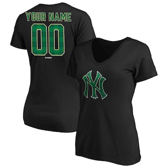 Women's New York Yankees Black Emerald Plaid Personalized Name & Number V-Neck T-Shirt