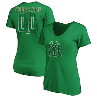 Women's New York Yankees Green Emerald Plaid Personalized Name & Number V-Neck T-Shirt