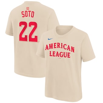 Youth American League Juan Soto Nike Cream 2024 MLB All-Star Game Name & Number T-Shirt