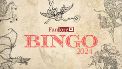 “On a tan parchment-like background, there are drawings of a pegasus, dragon, water nymphs and a phoenix on each corner...In the middle of the graphic, there is a drawing of a female fairy, and underneath that is the Fanlore logo and the word ‘Bingo’ in large decorative font, and ‘2024’ in a smaller font. The fairy’s wand is glowing and it appears like she is casting a spell on the words."