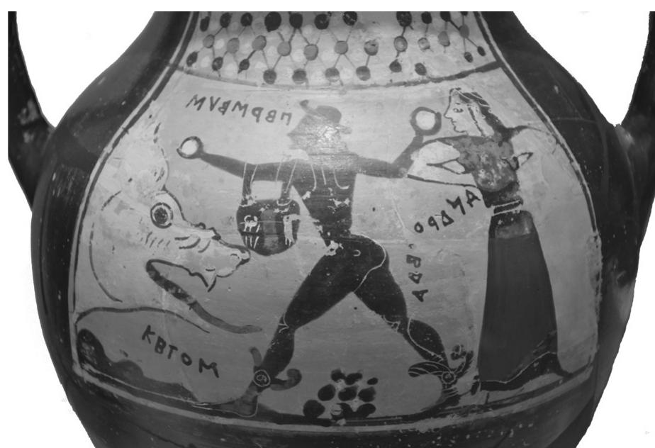 Fig. 3 : Corinthian black-figure amphora of ca. 575-550 BC, Perseus rescuing Andromeda from the ketos of Ethiopia, from Cerveteri. Altes Museum Berlin. Wikimedia Commons  Fig. 1: Hektai with right and left facing ketos: cat. nos. 1i and 44c. Scale: 311 