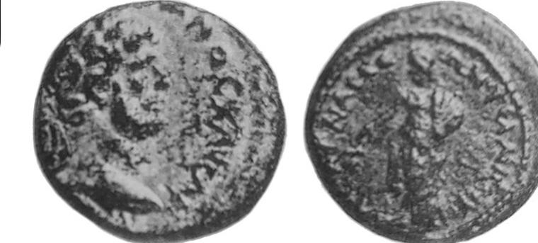 Fig. 6 : Bronze coin of Halikarnassos struck under the emperor Hadrian showing on the reverse a standing figure of Apollo holding a branch and labelled Telmiseus. Scale: 2:1  Fig. 2 : Caeretan black-figure hydria of ca. 530-520 BC, Herakles fighting the ketos of Troy. Stavros S. Niarchos coll. in Athens. Marangou 1995 