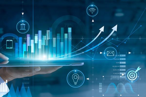 Businessman using tablet analyzing sales data and economic growth graph chart. Business strategy. Abstract icon. Digital marketing.